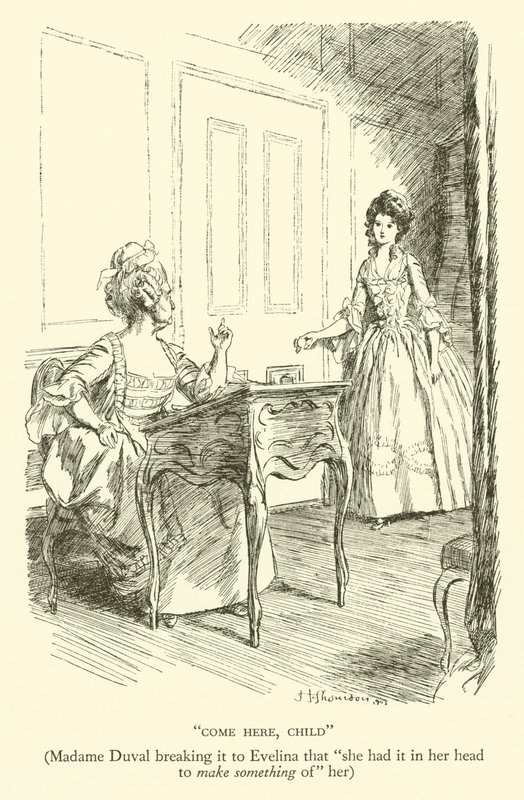Chodź tutaj, dziecko, Madame Duval łamiąc to Evelinie, że „miała w głowie, żeby coś z niej zrobić” (rycina) autorstwa Hugh Thomson