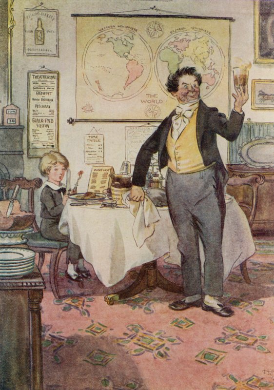 David Copperfield i kelner w Yarmouth (kolor lito) autorstwa Hugh Thomson