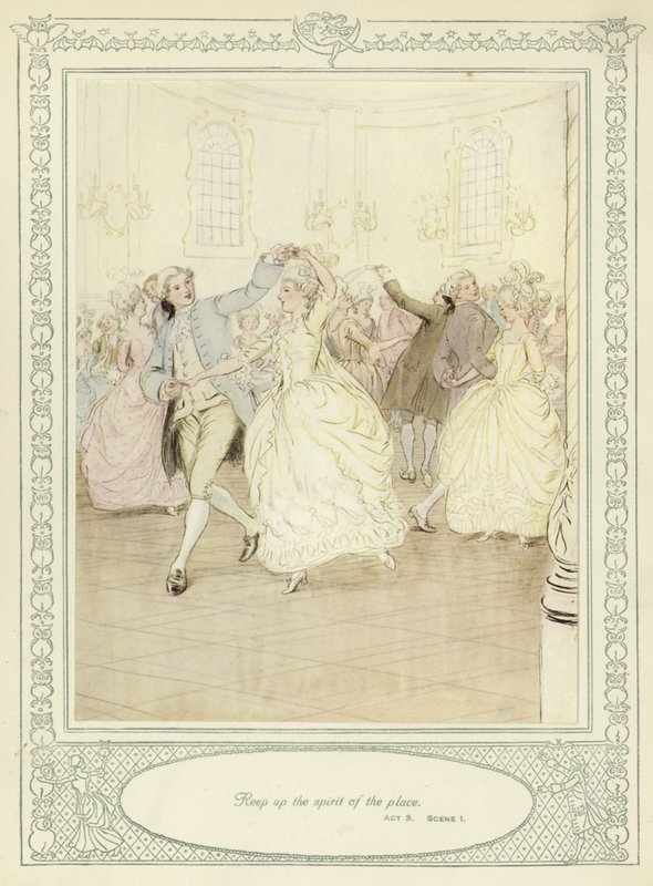 Ilustracja do złotnika Ona pochyla się, by podbić autorstwa Hugh Thomson