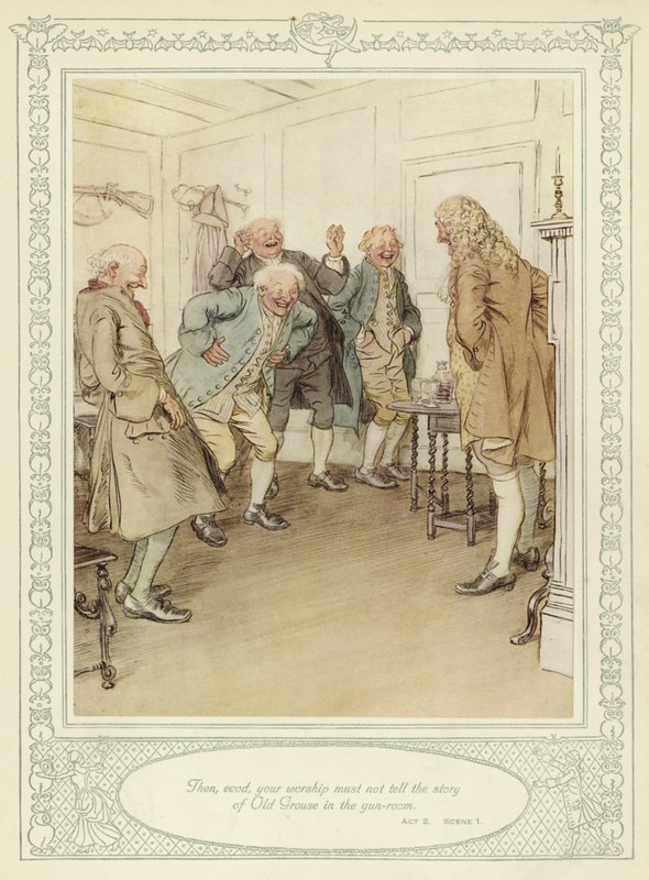 Ilustracja do złotnika Ona pochyla się, by podbić autorstwa Hugh Thomson
