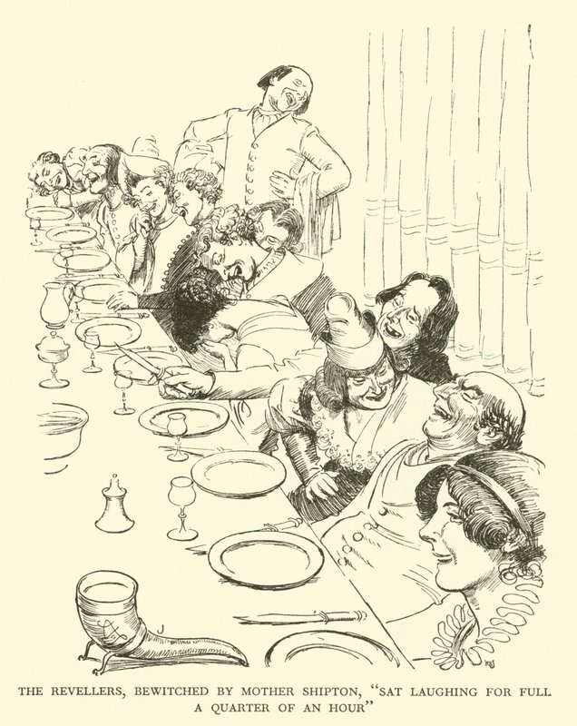 The Revellers, Bewitched przez Mother Shipton, „Sat śmiejąc się przez cały kwadrans” (rycina) autorstwa Hugh Thomson