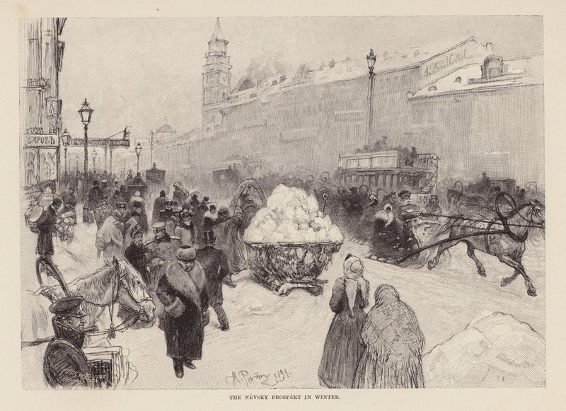 Newski Prospekt zimą (rycina) autorstwa Ilya Efimovich (after) Repin