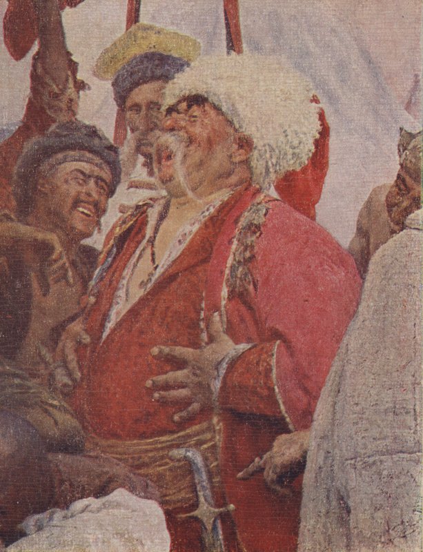 Fragment obrazu Odpowiedź Kozaków Zaporoskich sułtanowi Mehmetowi IV, 1891 autorstwa Ilya Efimovich Repin