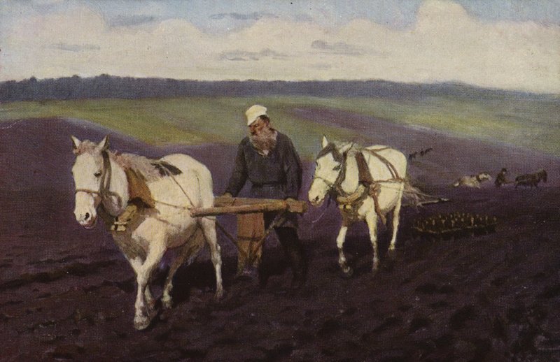 Rosyjski pisarz Lew Tołstoj orka na polach, ok. 1887 r. autorstwa Ilya Efimovich Repin
