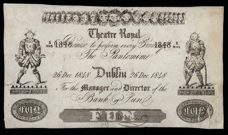 Reklama pantomimy w Theatre Royal w Dublinie na podstawie banknotu Bank of Ireland autorstwa Irish School