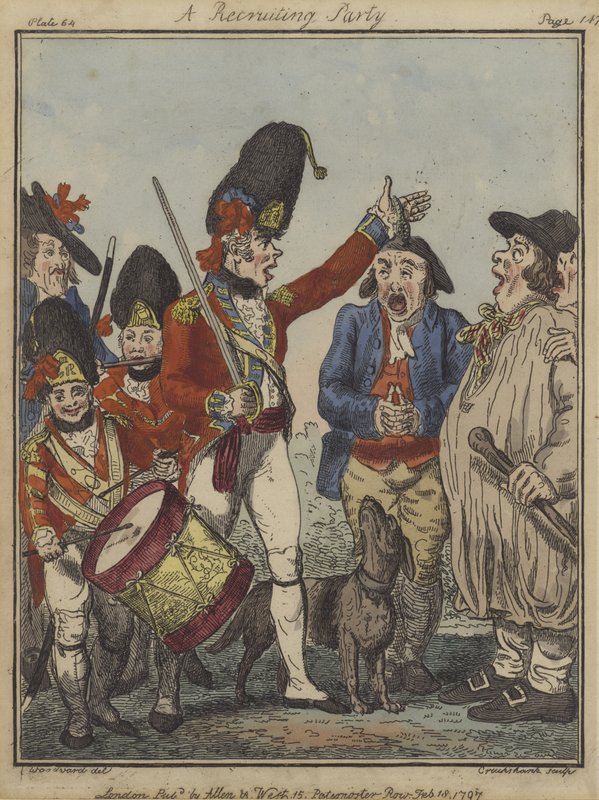 Rekrutacja, 1797 (kolorowa akwaforta) autorstwa Isaac Robert Cruikshank