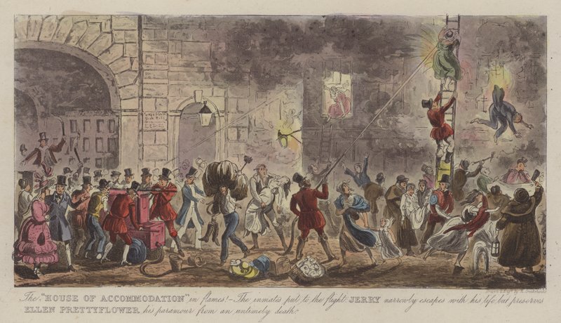 „Dom zakwaterowania” w Flames! (kolorowy grawer) autorstwa Isaac Robert (after) Cruikshank