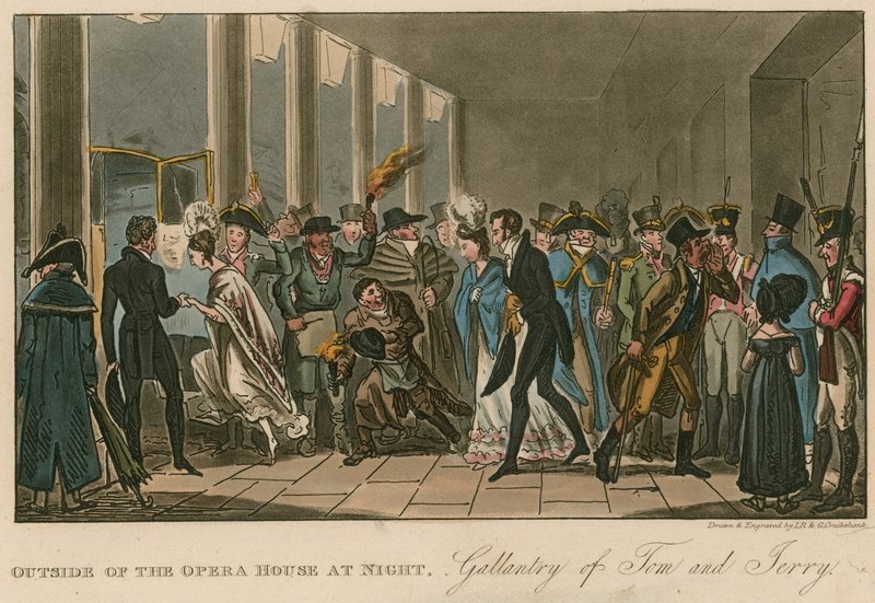 Na zewnątrz Opery; Waleczność Toma i Jerryego autorstwa Isaac, Robert and George Cruikshank