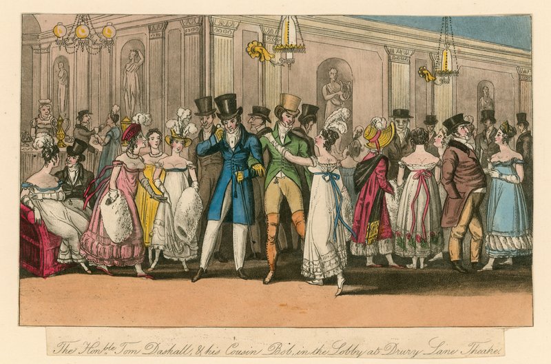 Szanowny Tom Dashall i jego kuzyn Bob w holu Drury Lane Theatre w Londynie autorstwa Isaac, Robert and George Cruikshank