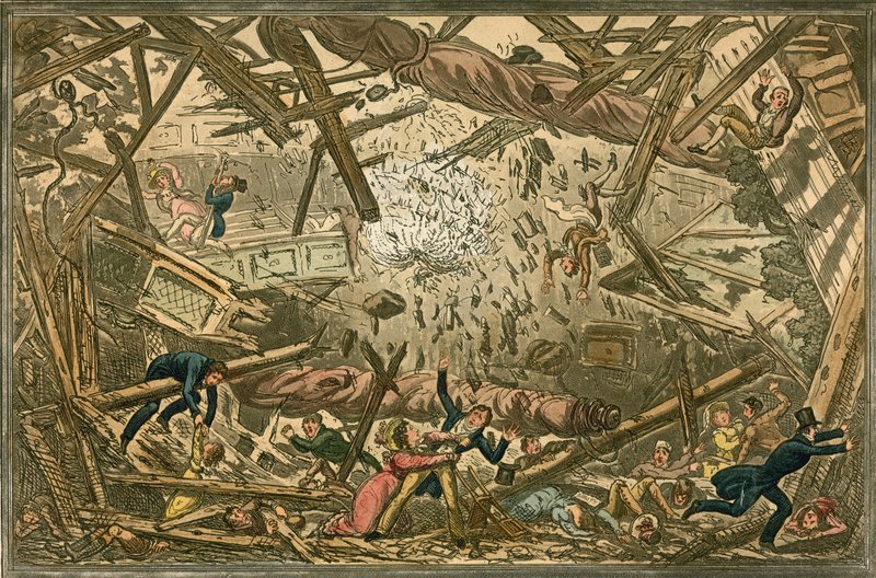 Upadek New Brunswick Theatre, 28 lutego 1828 r. autorstwa Isaac, Robert and George Cruikshank