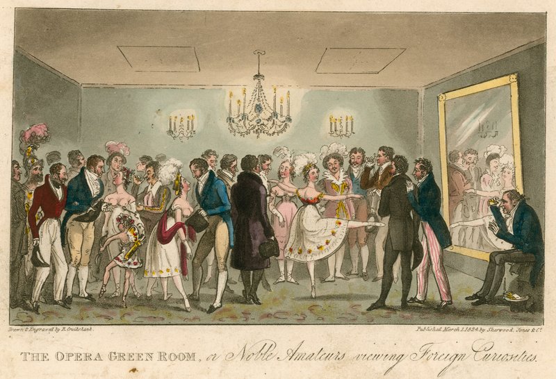Operowy green room, czyli Szlachetni amatorzy oglądający zagraniczne osobliwości autorstwa Isaac, Robert and George Cruikshank