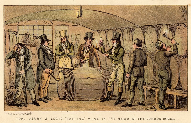 Tom, Jerry i Logic, degustacja wina w lesie w londyńskich dokach autorstwa Isaac, Robert and George Cruikshank