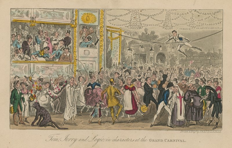 Tom Jerry i Logic w postaciach na wielkim karnawale autorstwa Isaac, Robert and George Cruikshank