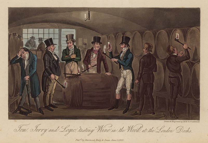 Tom, Jerry i Logic "degustują" wino w drewnie w londyńskich dokach autorstwa Isaac, Robert and George Cruikshank