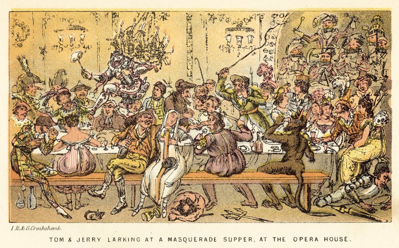 Tom i Jerry narzekają na bal maskowy w Operze autorstwa Isaac, Robert and George Cruikshank