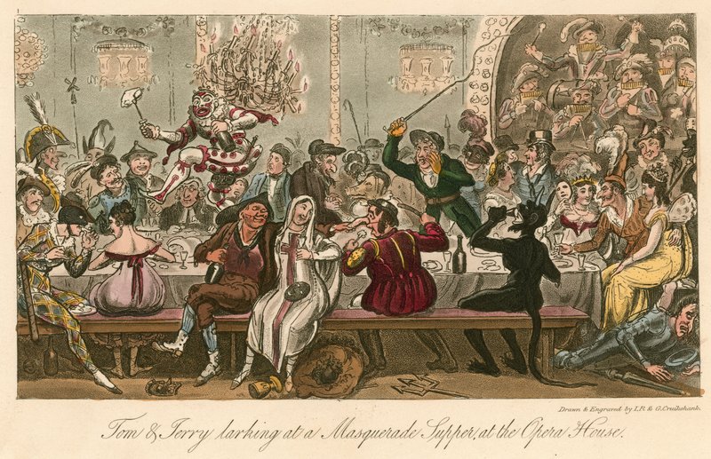 Tom i Jerry narzekają na bal maskowy w Operze w Londynie autorstwa Isaac, Robert and George Cruikshank