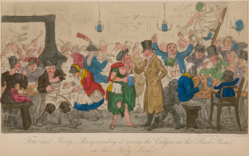 Tom i Jerry w przebraniu wśród twardzielów w „tylnych slumsach” w Ziemi Świętej autorstwa Isaac, Robert and George Cruikshank