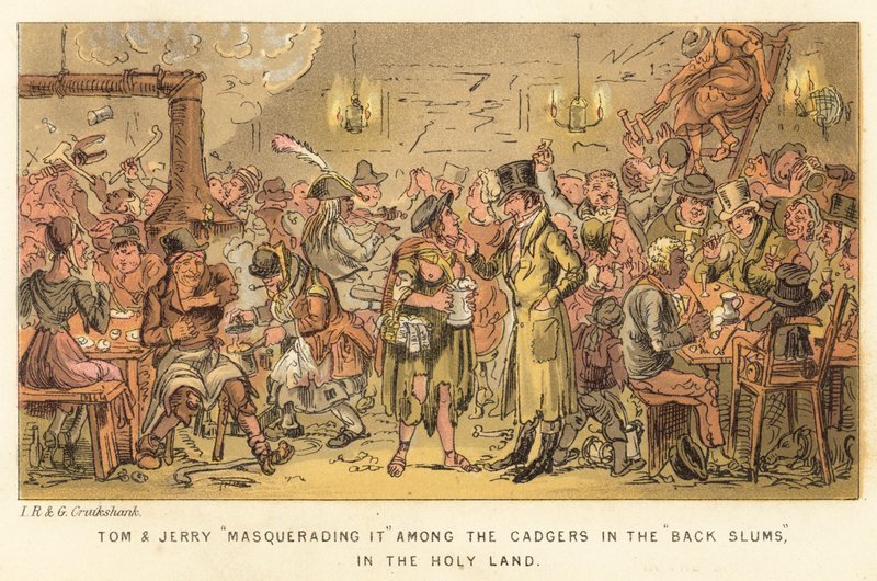 Tom i Jerry w przebraniu wśród twardzielów w tylnych slumsach w Ziemi Świętej autorstwa Isaac, Robert and George Cruikshank