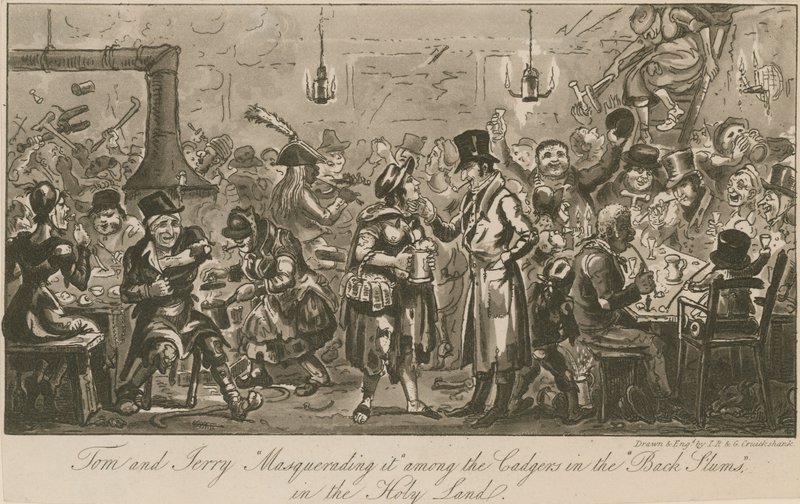 Tom i Jerry w przebraniu wśród twardzielów w „tylnych slumsach” w Ziemi Świętej autorstwa Isaac, Robert and George Cruikshank
