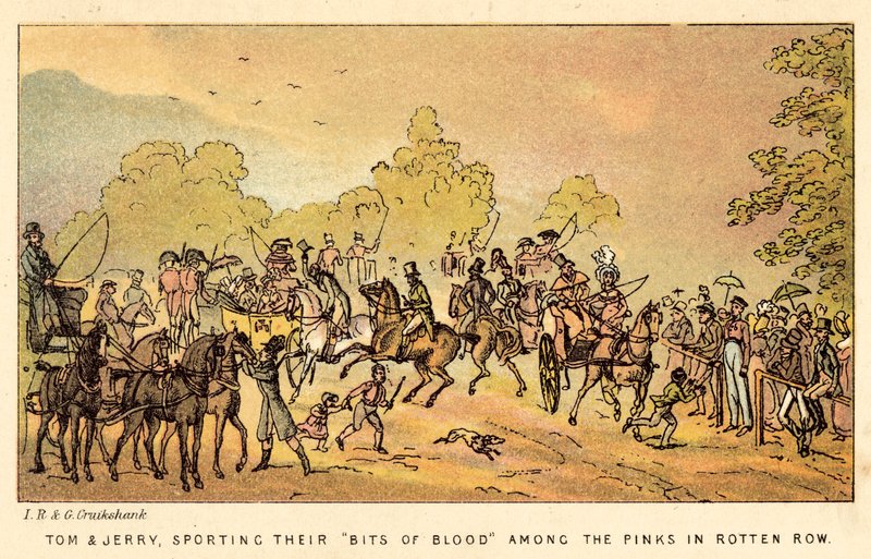 Tom i Jerry, noszący swoje Kawałki krwi wśród różowych w Rotten Row autorstwa Isaac, Robert and George Cruikshank