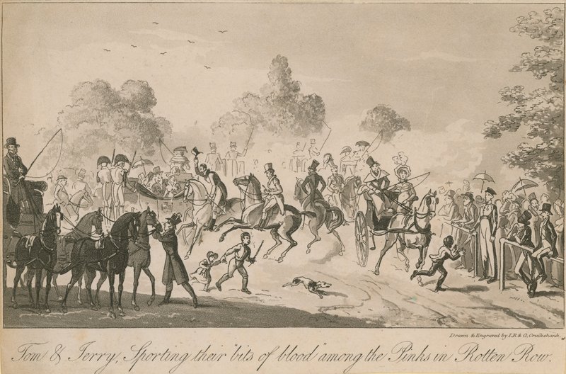 Tom i Jerry noszą swoje kawałki krwi pośród różowych w Rotten Row autorstwa Isaac, Robert and George Cruikshank