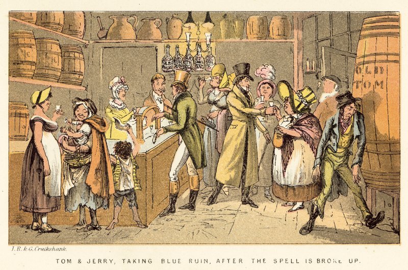 Tom i Jerry, biorąc Niebieską Ruinę, po tym, jak zaklęcie zostało złamane autorstwa Isaac, Robert and George Cruikshank