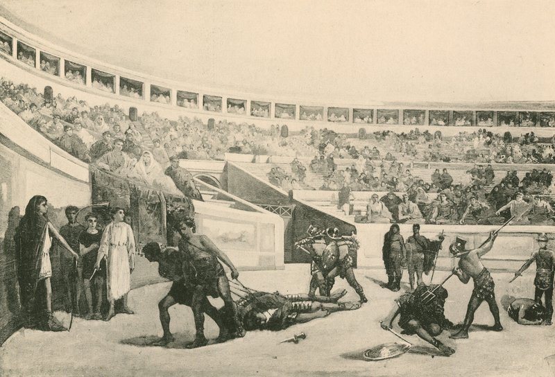 Walka gladiatorów w amfiteatrze (wklęsłodruk) autorstwa Italian School