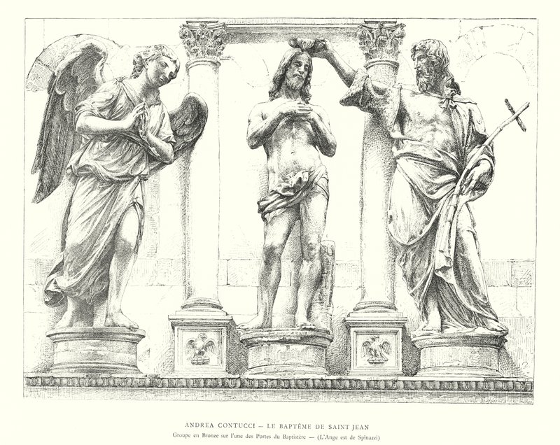 Andrea Contucci, Chrzest św. Jana, Grupa z brązu na jednych z drzwi baptysterium, Anioł jest autorstwa Spinazziego (rycina) autorstwa Italian School