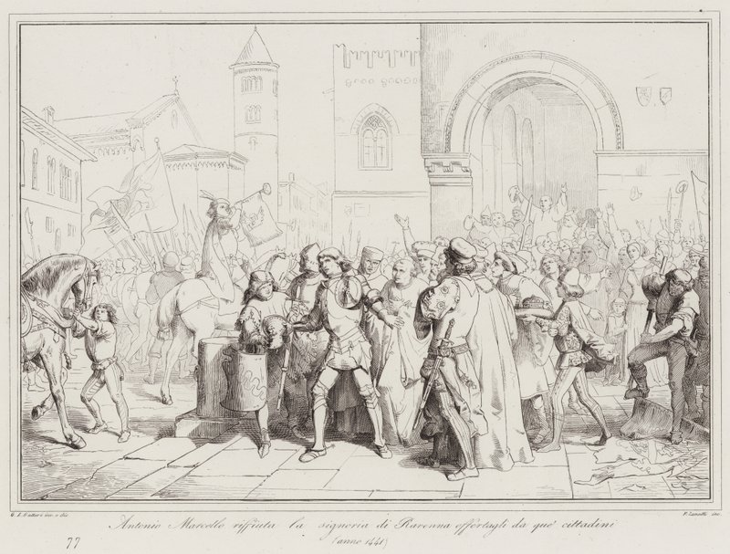 Antonio Marcello odmawia zwierzchnictwa Rawenny oferowanego mu przez tych obywateli autorstwa Italian School