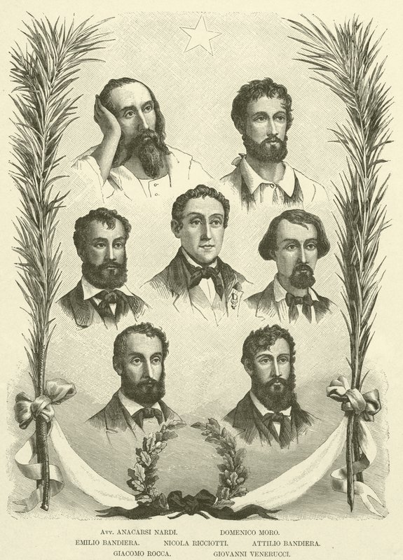 Avv Anacarsi Nardi, Domenico Moro, Emilio Bandiera, Nicola Ricciotti, Attilio Bandiera, Giacomo Rocca, Giovanni Venerucci (grafika) autorstwa Italian School