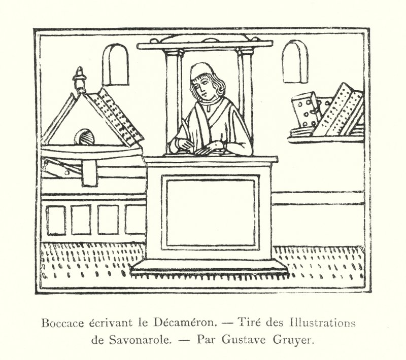 Boccaccio piszący dekameron, z ilustracji Savonaroli, Gustave Gruyer (rycina) autorstwa Italian School