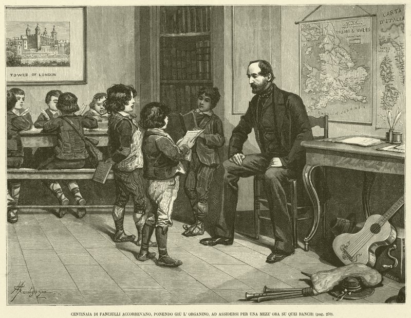 Setki dzieci biegających, kładących narządy, by usiąść na pół godziny na tych ławkach (grawerowanie) autorstwa Italian School