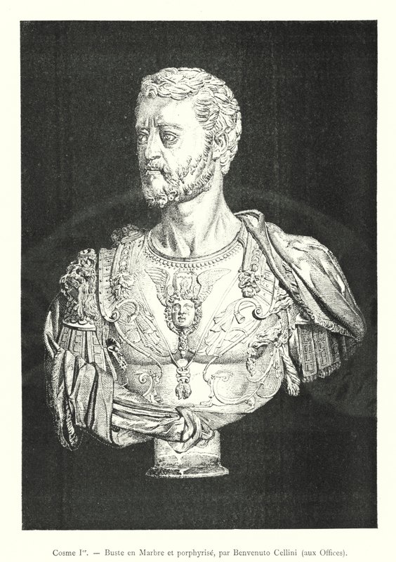 Cosimo I, Popiersie z marmuru i porfiru, Benvenuto Cellini, w Uffizi (rycina) autorstwa Italian School
