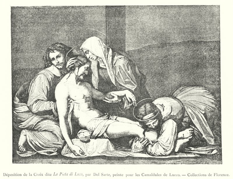 Osadzanie krzyża znanego jako La Pieta di Luco, autorstwa Del Sarte, namalowany dla kamedułów z Lucco, Collections of Florence (rycina) autorstwa Italian School