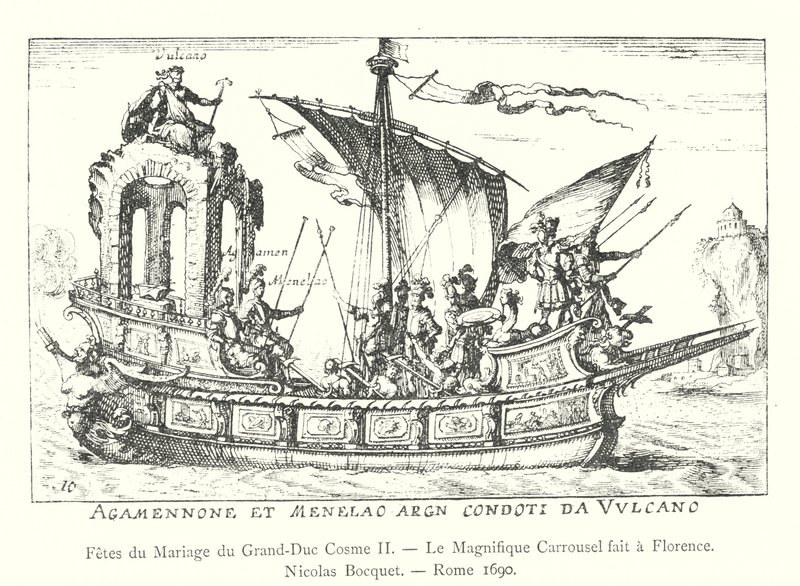 Święta zaślubin wielkiego księcia Cosimo II, Wspaniała karuzela wykonana we Florencji, Nicolas Bocquet, Rzym 1690 (rycina) autorstwa Italian School