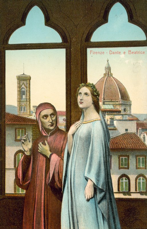 Florencja, Dante i Beatrycze (kolorowa litografia) autorstwa Italian School
