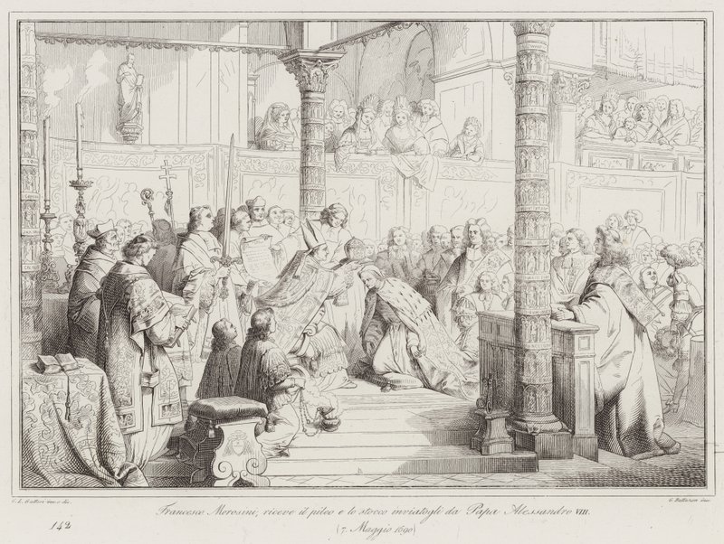 Francesco Morosini otrzymuje pileus i stocco przesłane mu przez papieża Aleksandra VIII autorstwa Italian School