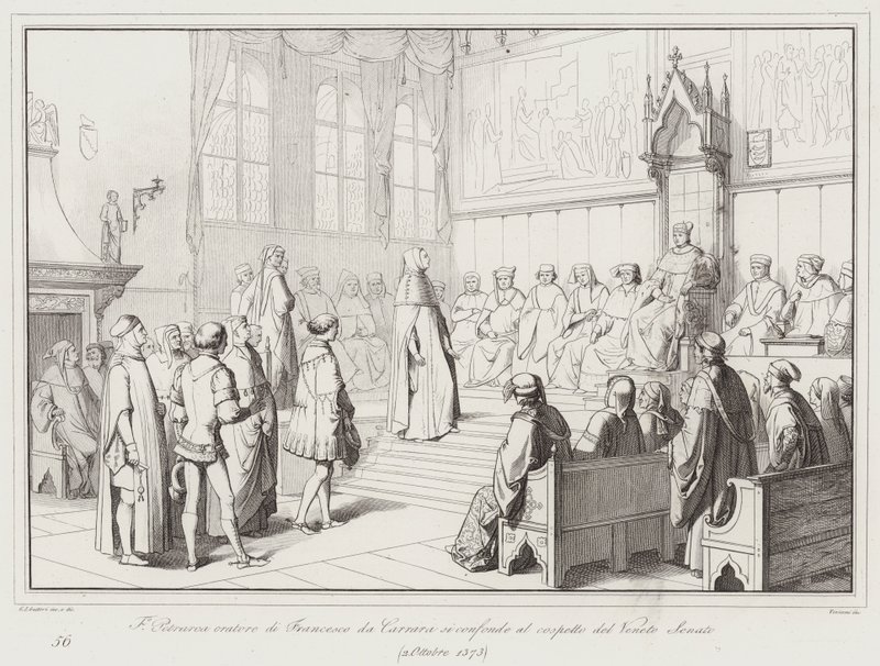 Francesco Petrarca orator Francesco da Carrara jest zdezorientowany w obecności Senatu Veneto autorstwa Italian School