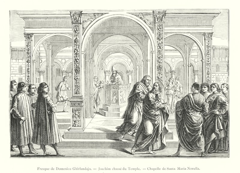 Fresk Domenico Ghirlandajo, W pogoni za Joachimem ze świątyni, kaplica Santa Maria Novella (rycina) autorstwa Italian School