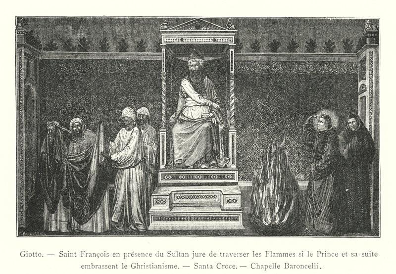 Giotto, święty Franciszek w obecności sułtana przysięga przekroczyć płomienie, jeśli książę i jego orszak przyjmą chrześcijaństwo, Santa Croce, kaplica Baroncelli (rycina) autorstwa Italian School
