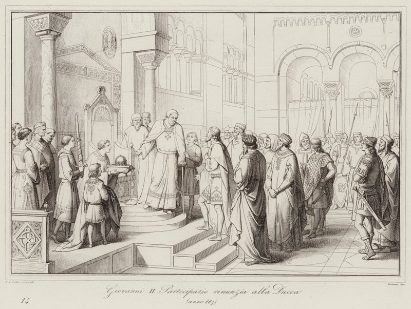 Giovanni II Partecipazio zrzeka się księstwa, 887 (rycina) autorstwa Italian School