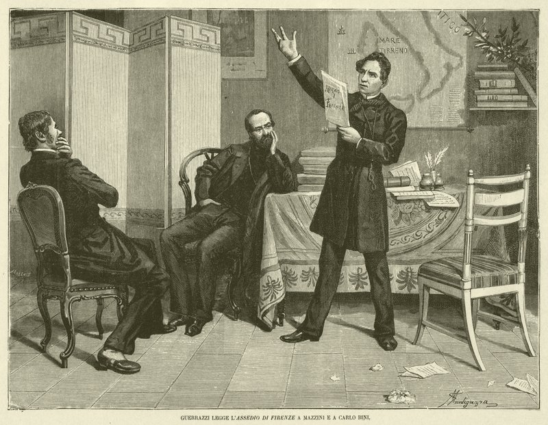 Guerrazzi czyta oblężenie Florencji Mazziniemu i Carlo Biniemu (rycina) autorstwa Italian School