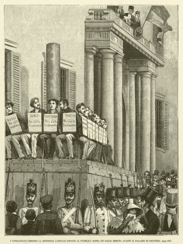 Skazani usłyszeli wielki wyrok wystawiony na widok publiczny na scenie wzniesionej przed Pałacem Sprawiedliwości (rycina) autorstwa Italian School