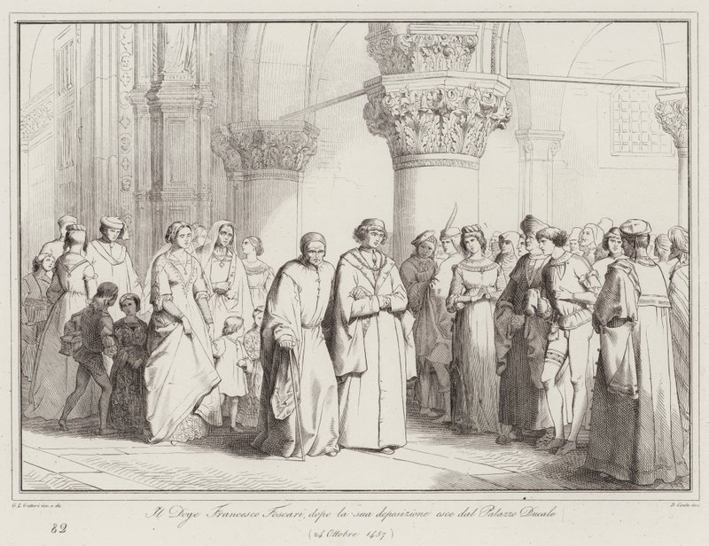 Doge Francesco Foscari, po jego zesłaniu opuszcza Pałac Dożów autorstwa Italian School