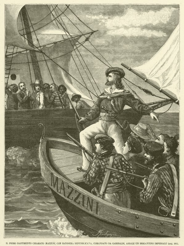 Pierwsza stocznia o nazwie Mazzini, z flagą republikańską, dowodzona przez Garibaldiego, Assale Imperialna brygada (rycina) autorstwa Italian School