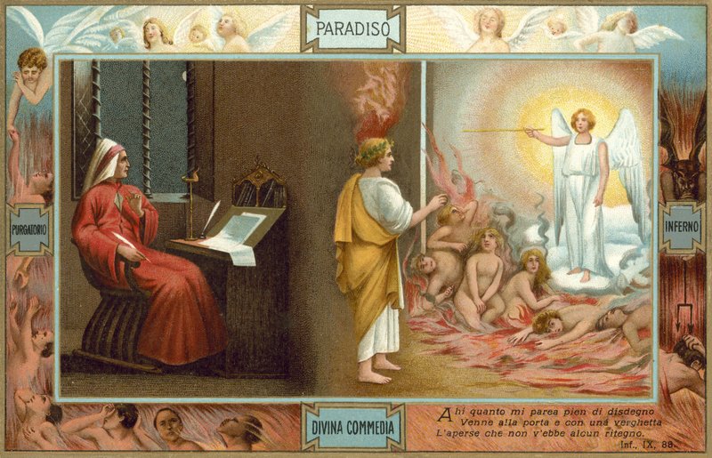 Ilustracja do Boskiej komedii Dantego (kolorowa litografia) autorstwa Italian School