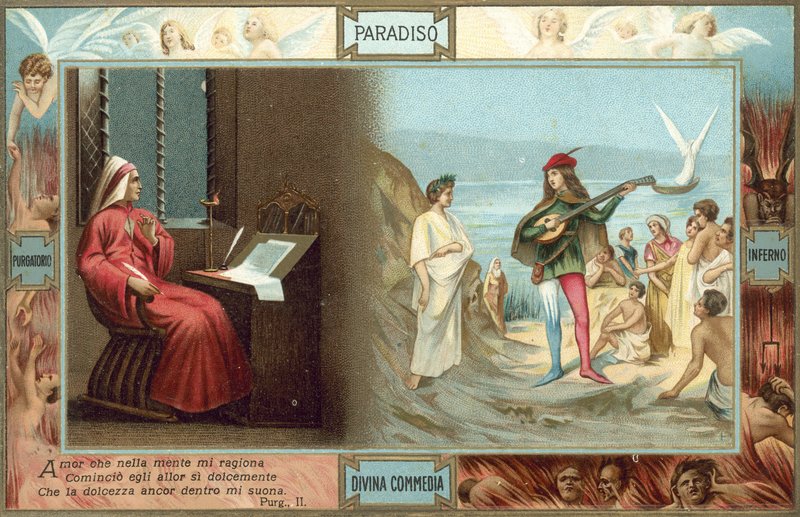 Ilustracja do Boskiej komedii Dantego (kolorowa litografia) autorstwa Italian School