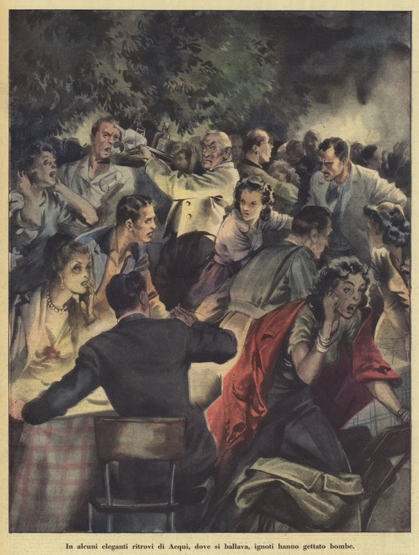 W niektórych eleganckich miejscach spotkań w Acqui, gdzie ludzie tańczyli, nieznani ludzie rzucali bomby (kolorowa litografia). autorstwa Italian School