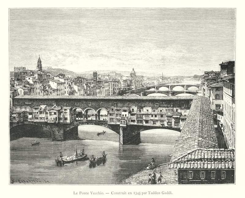 Le Ponte Vecchio, Construit en 1345 par Taddeo Gaddi (grafika) autorstwa Italian School