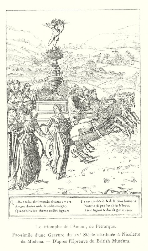 Triumf miłości, autorstwa Petrarki, faksymile ryciny z XV wieku przypisywanej Nicoletto da Modena, po rycinie British Museum (rycina) autorstwa Italian School